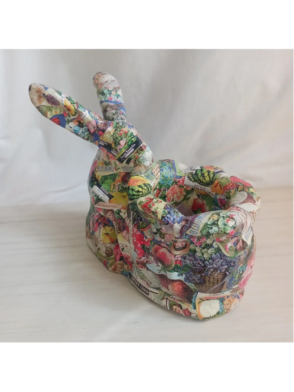 Vintage Paper Mache Rabbit Deco Page Basket Holder Bowl Unusual Farmhouse Color